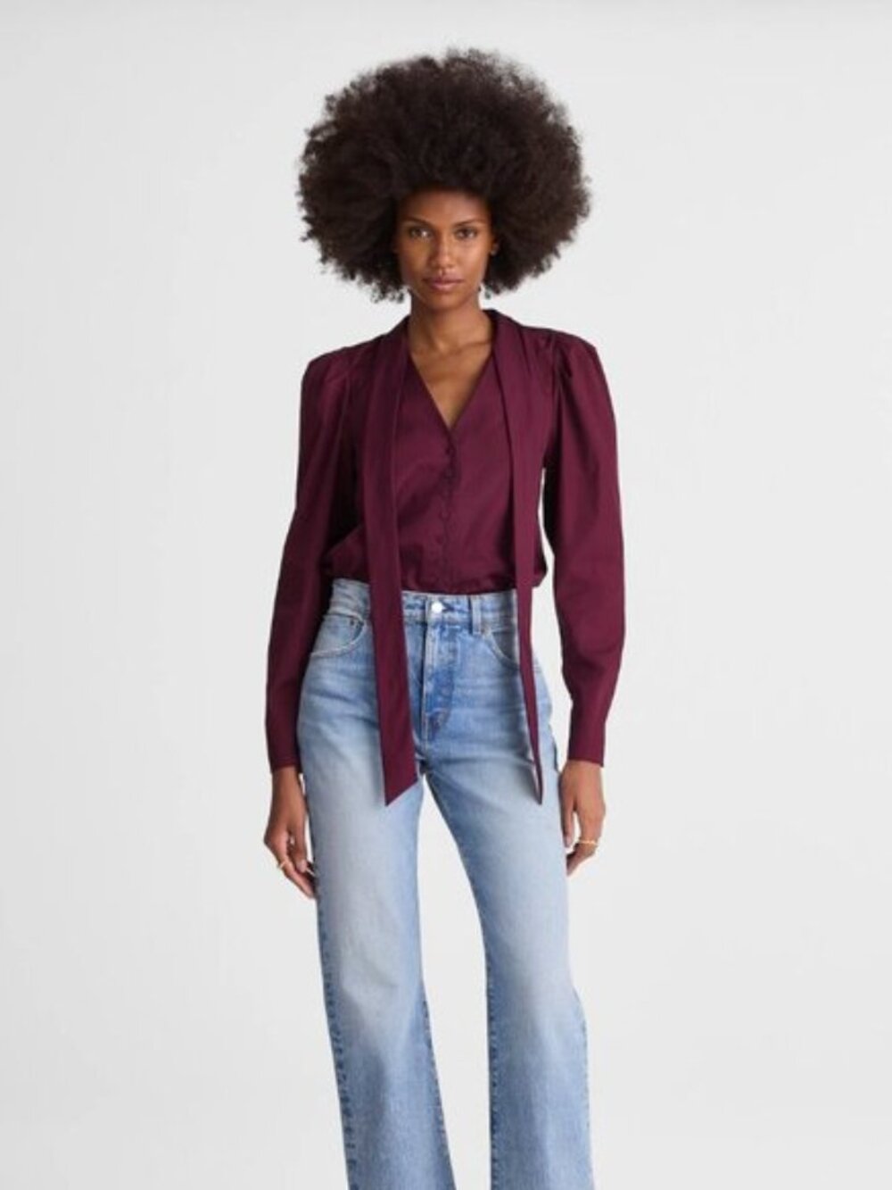 Madewell Dark Pomegranate V-Neck Long Sleeve Button Front Tie Neck Top M NWT